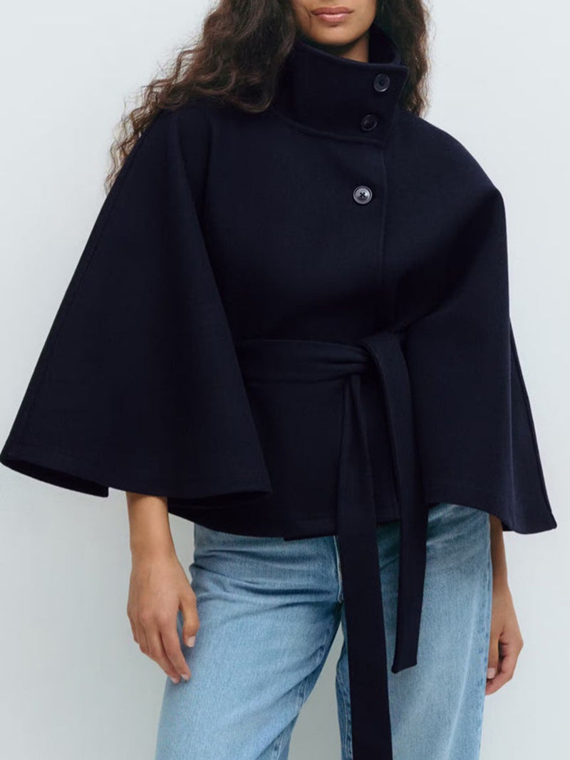 Dora | Womens Belted Cape Trench Coat, Navy Blue