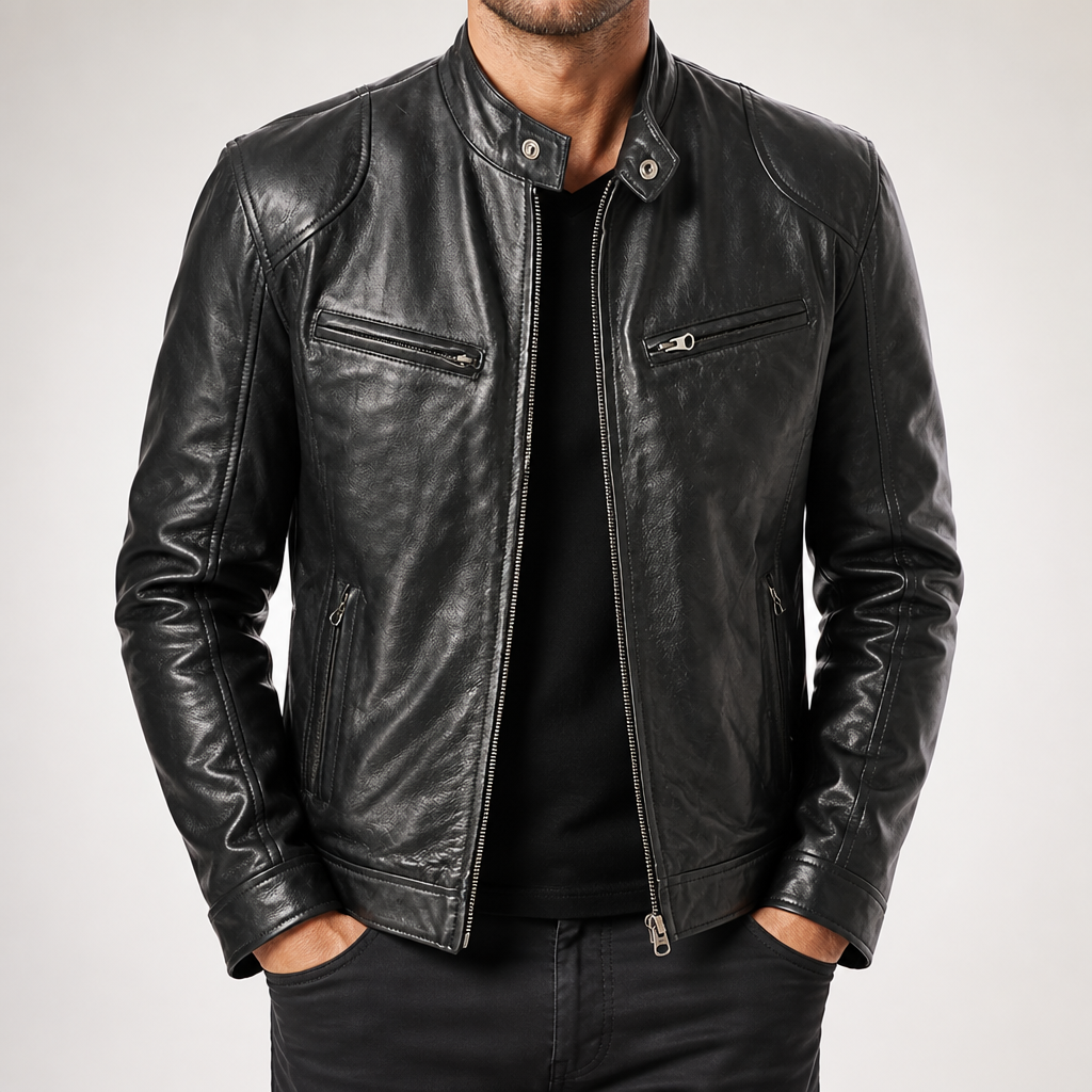 Duncan | Mens Slim Fit Faux Leather Winter Black Biker Brown Jacket, Black