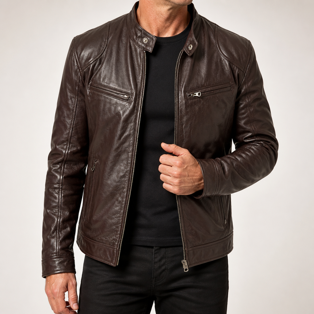 Duncan | Mens Slim Fit Faux Leather Winter Black Biker Brown Jacket, Brown