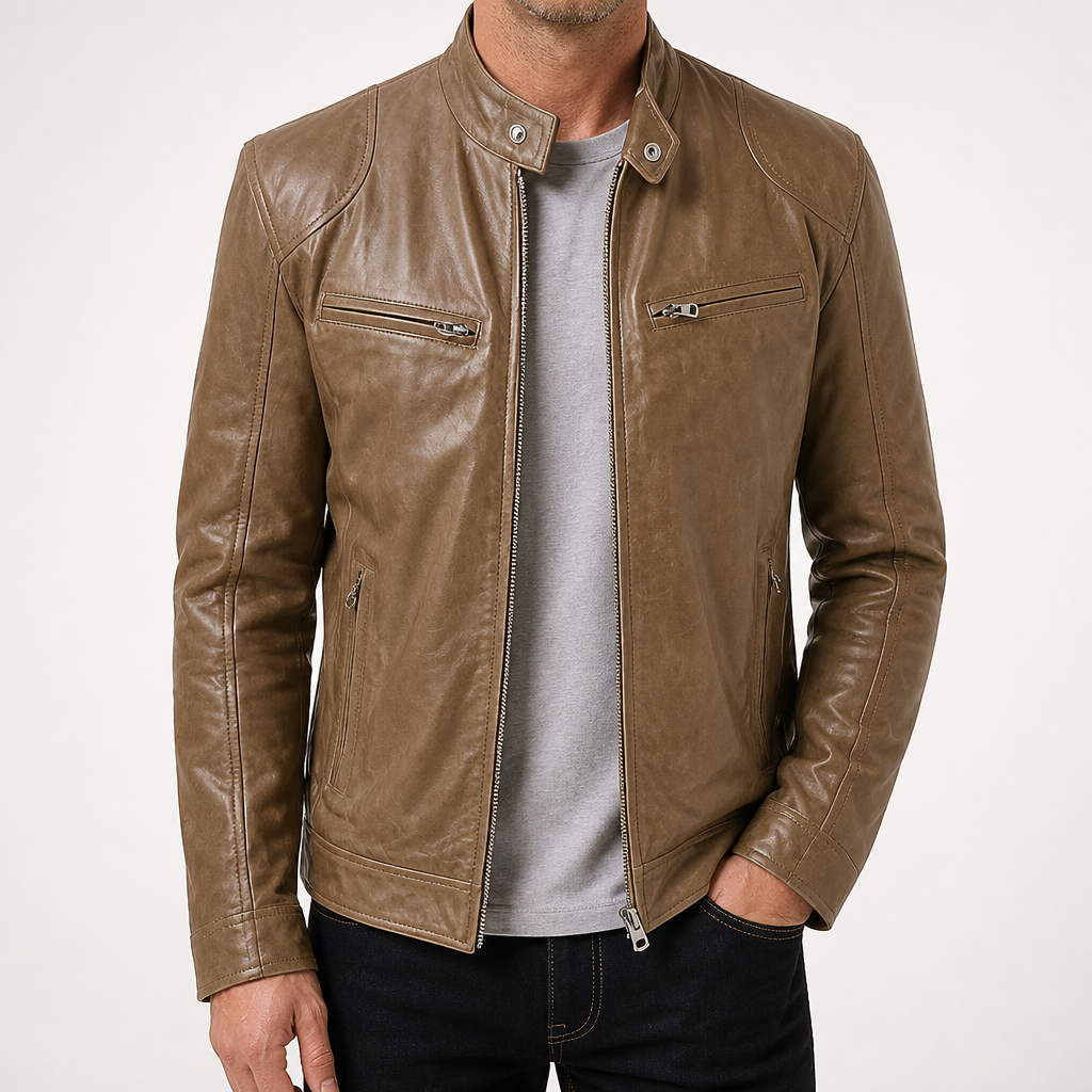 Duncan | Mens Slim Fit Faux Leather Winter Black Biker Brown Jacket, Khaki