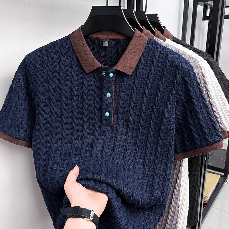 Edgar | Mens Short Sleeve Cable Knit Business Casual Collared T-Shirt - 3