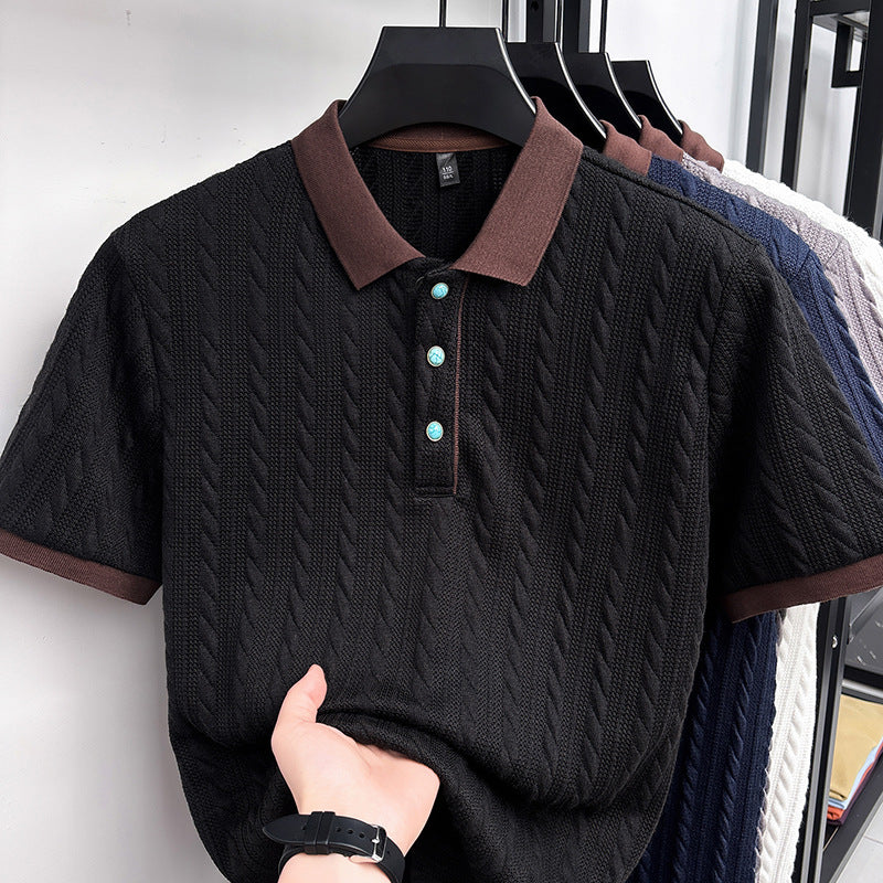 Edgar | Mens Short Sleeve Cable Knit Business Casual Collared T-Shirt - 4