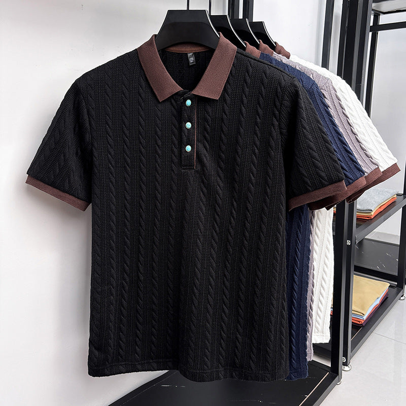 Edgar | Mens Short Sleeve Cable Knit Business Casual Collared T-Shirt - Black
