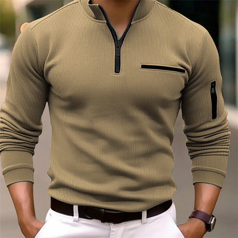 Edmund | Mens Striped Arm Zip Polo Shirt Long Sleeve Sports Top - 1