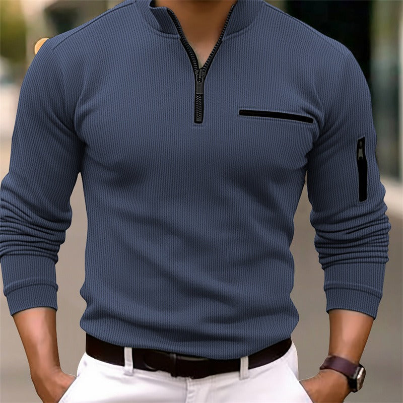 Edmund | Mens Striped Arm Zip Polo Shirt Long Sleeve Sports Top - 2