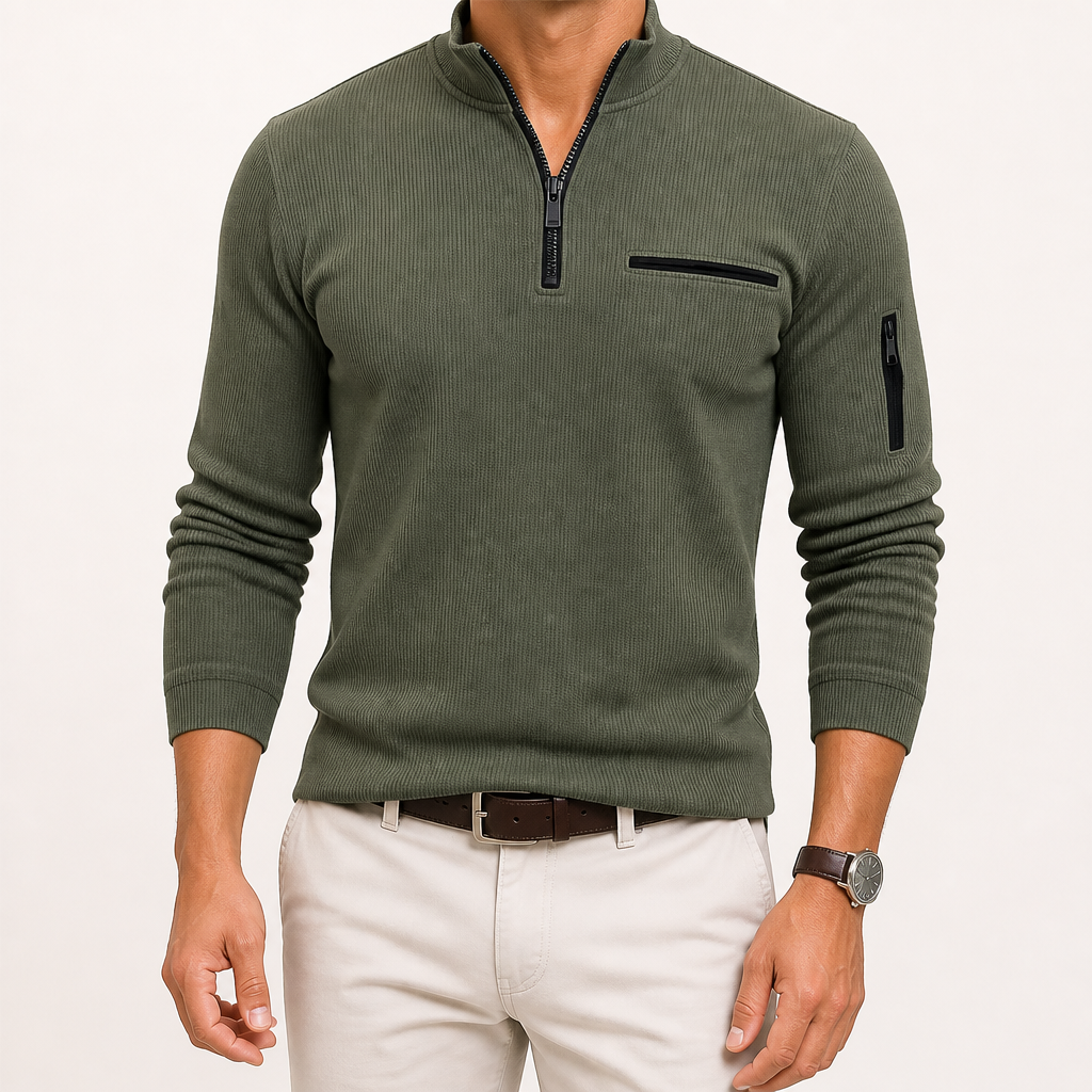 Edmund | Mens Polo Shirt Striped Arm Zip Long Sleeve Sports Top, Army Green