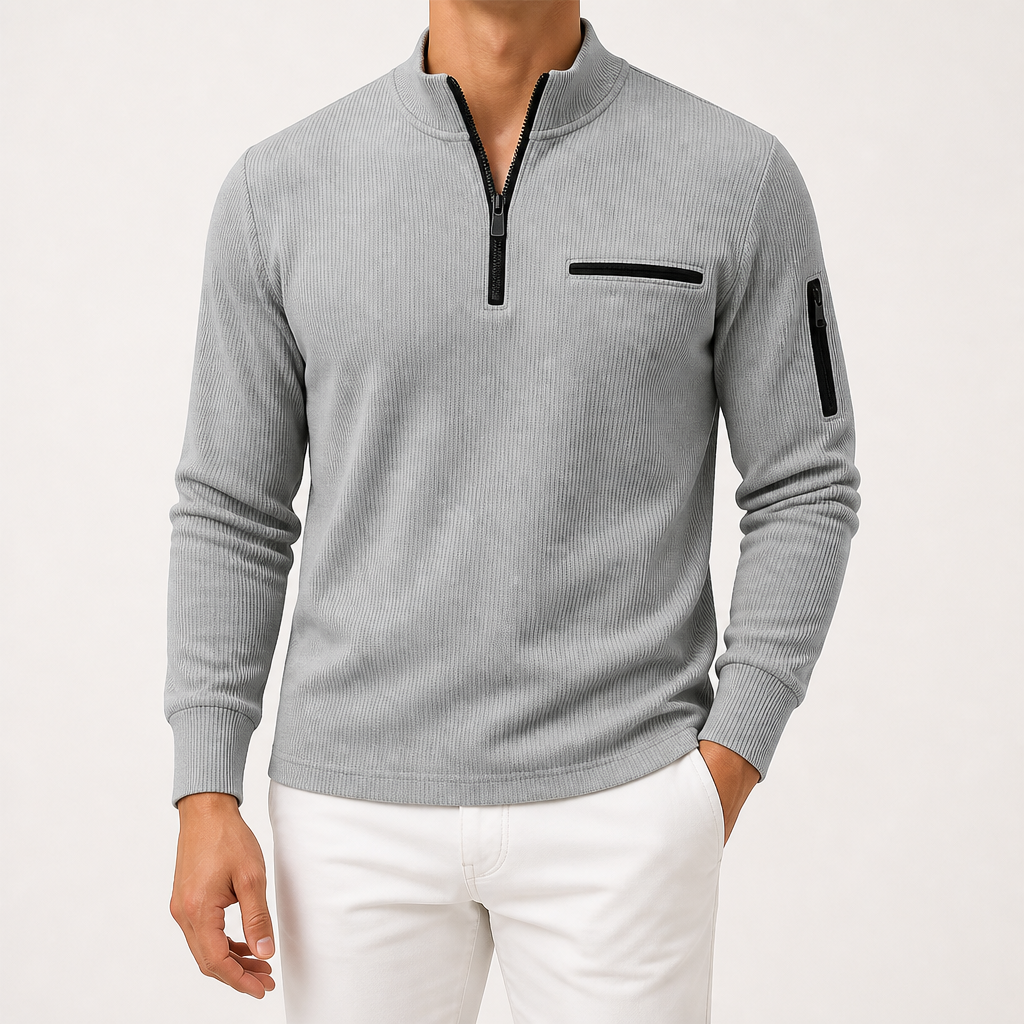 Edmund | Mens Polo Shirt Striped Arm Zip Long Sleeve Sports Top, Grey