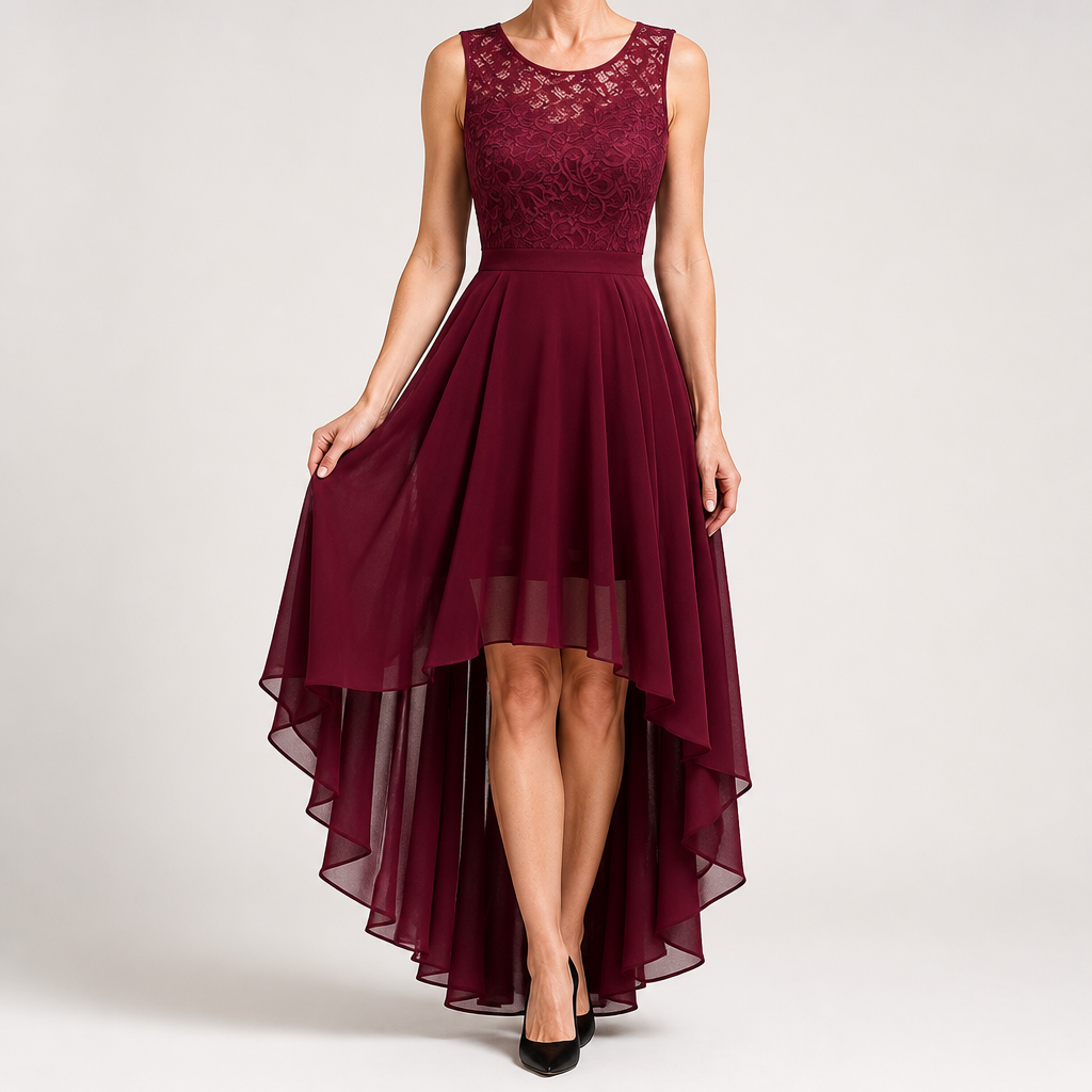 Eleanor | Womens Cocktail Lace Midi Wedding Guest Evening Formal Long Elegant Dresses, Wine Red