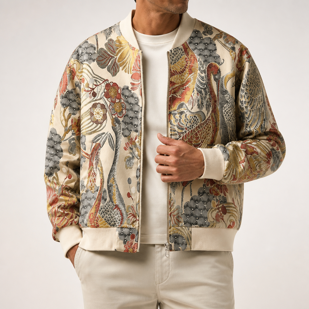 Eloise | Mens Varsity Jacket Embroidered Bomber Casual Jacket, Beige