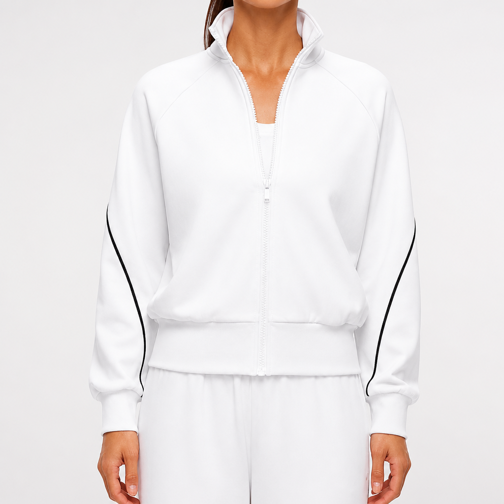 Eloise | Womens Sports Jacket Fleece Lined Stand Collar Yoga Running Activewear Top, White
