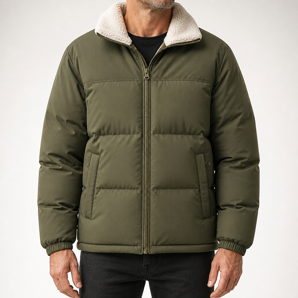 Elowen | Mens Fleece Lamb Wool Warm Thick Stand Collar Winter Top, Military Green