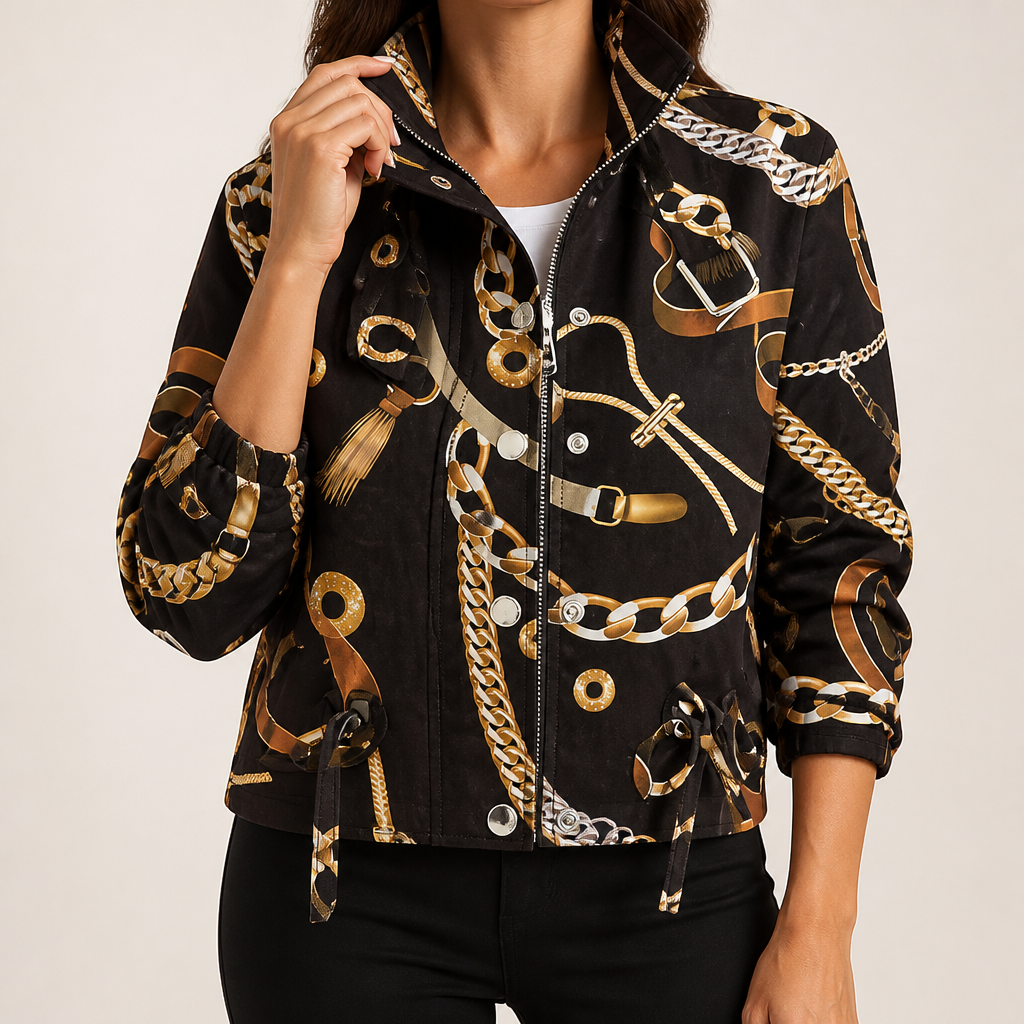 Elowen | Womens Winter Drawstring Short Casual Workwear Jacket, Black Chain