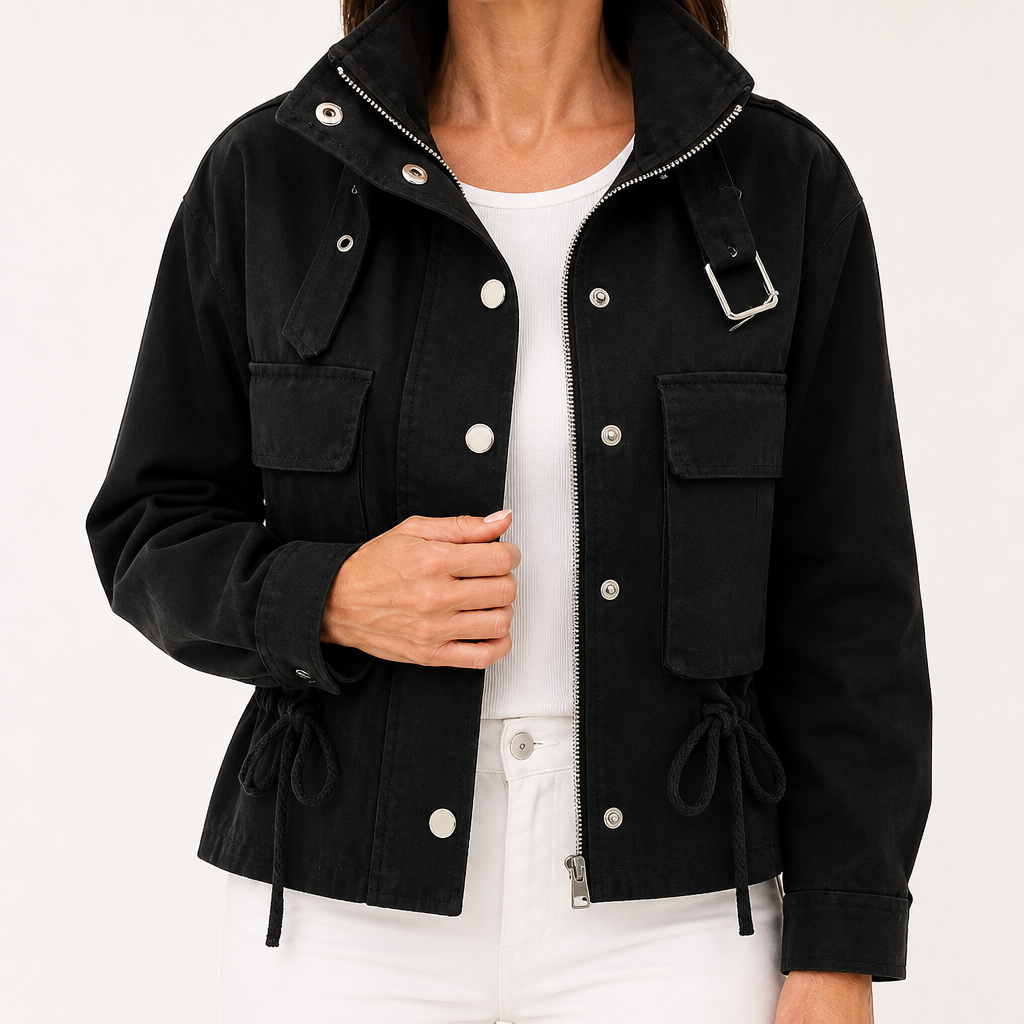 Elowen | Womens Winter Drawstring Short Casual Workwear Jacket, Black