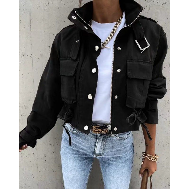 Elowen | Womens Winter Drawstring Short Casual Workwear Jacket - Black