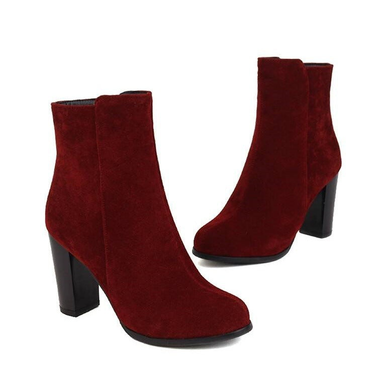 Elspeth | Womens Round Toe Chunky Heel Winter Ankle Boots - Red