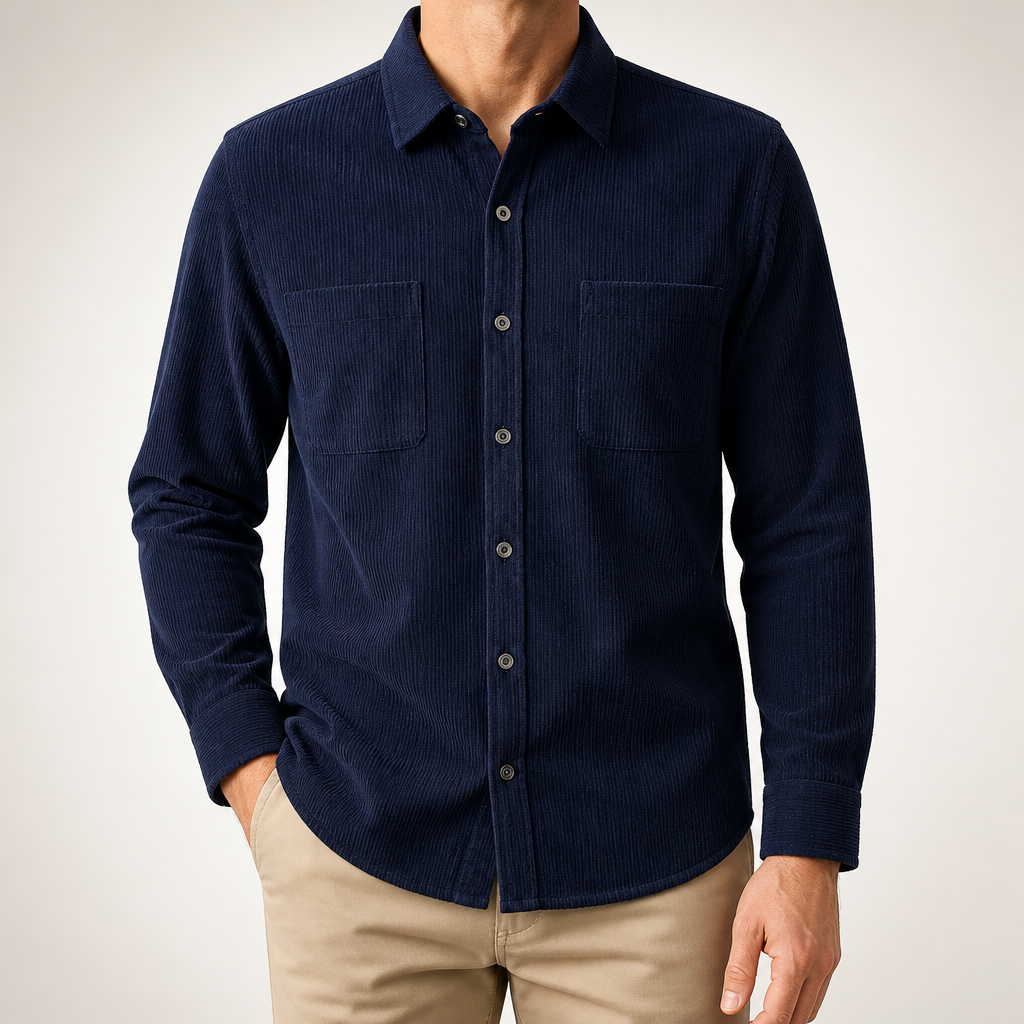 Emmett | Mens Corduroy Shirt Long Sleeve Casual Button Shirt, Navy Blue