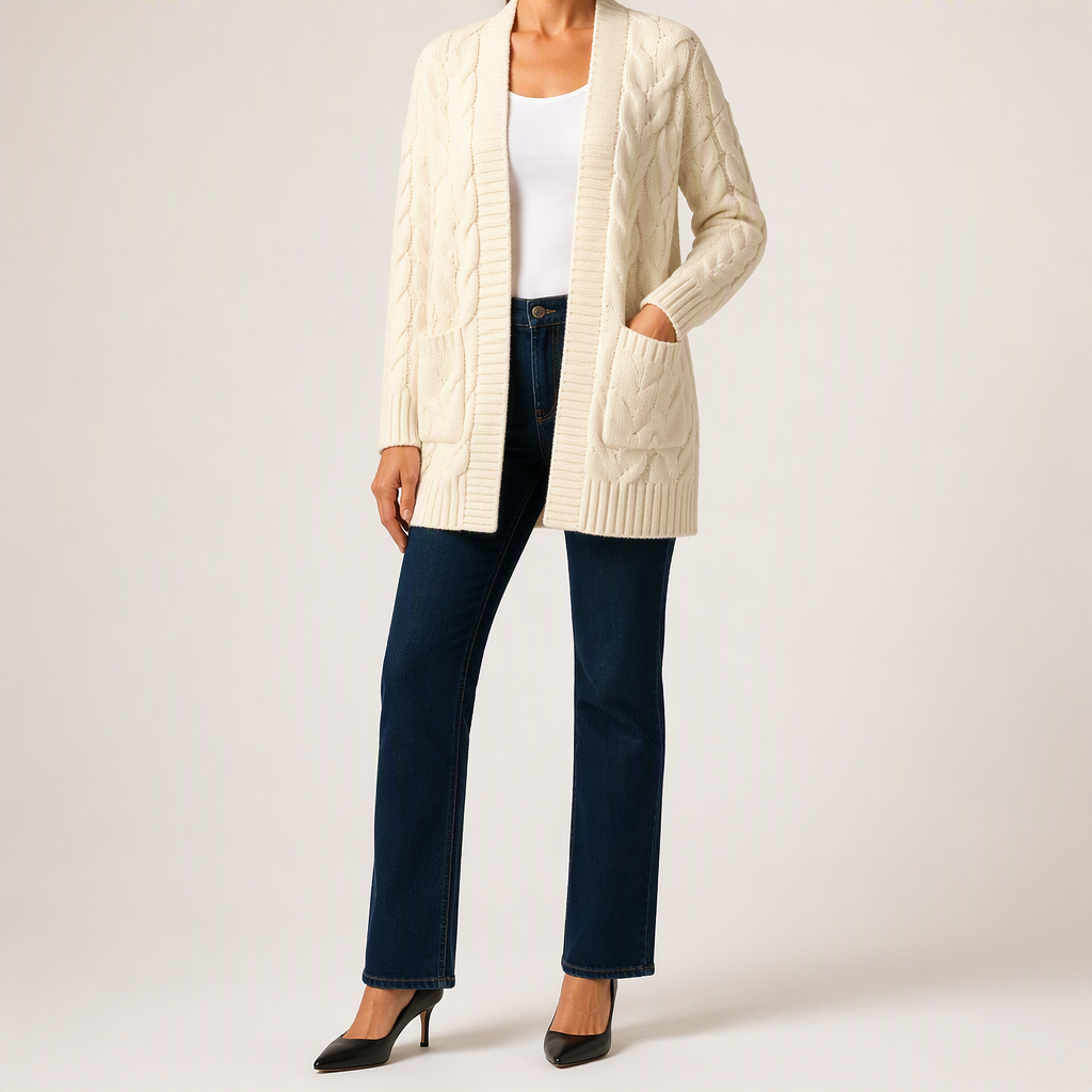 Emmett | Womens Cardigan Knitted Cable Twist Open Front Sweater, Beige White