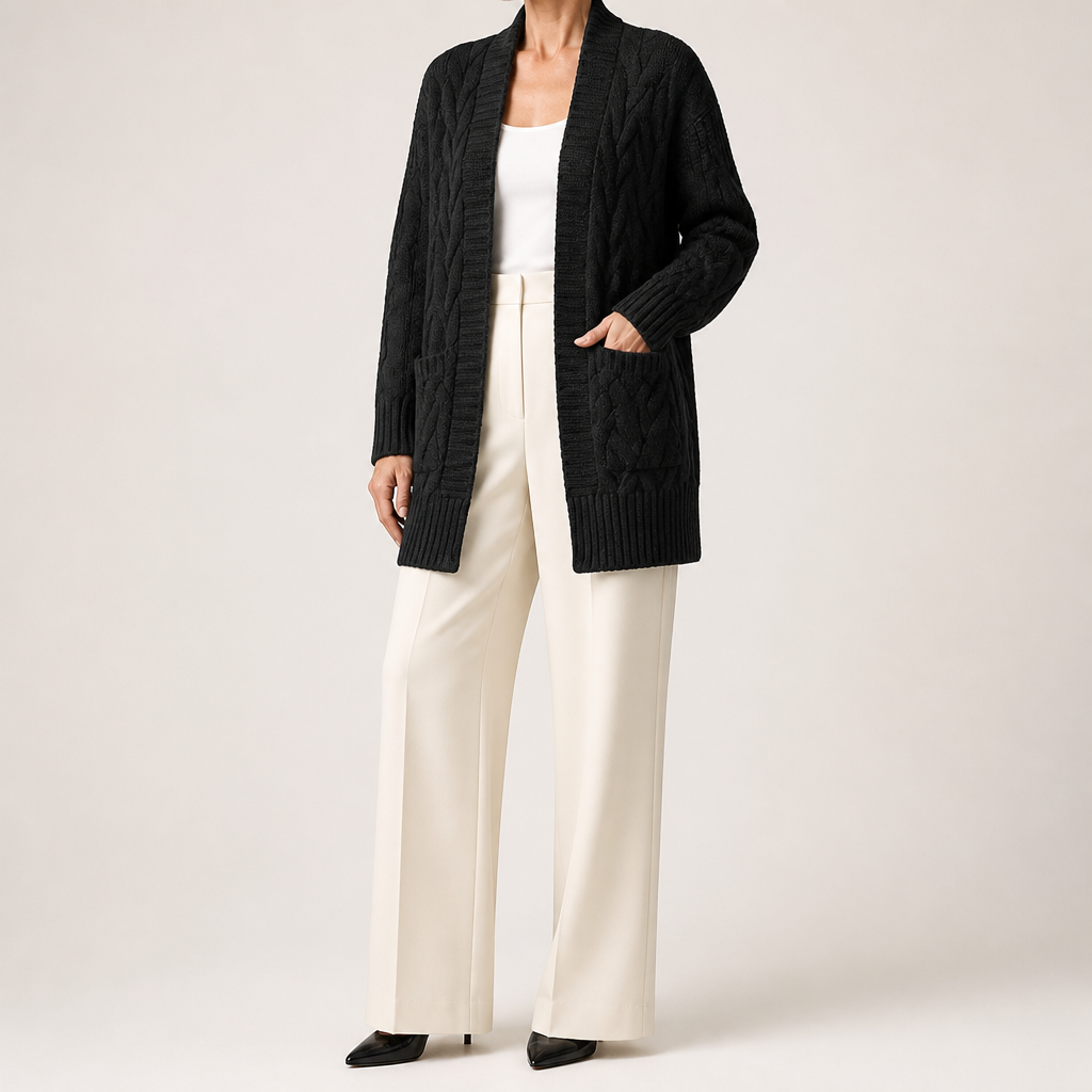 Emmett | Womens Cardigan Knitted Cable Twist Open Front Sweater, Black