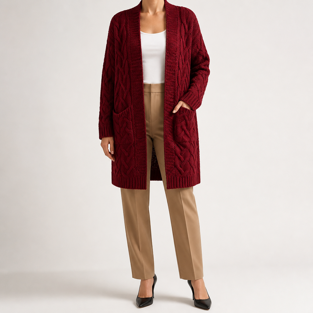 Emmett | Womens Cardigan Knitted Cable Twist Open Front Sweater, Burgundy
