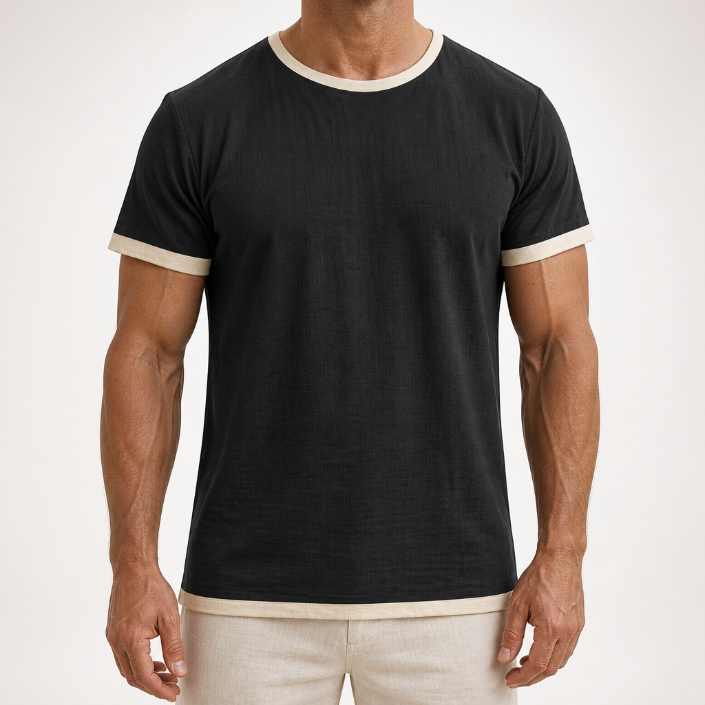 Emory | Mens Cotton Linen Short Sleeve Round Neck T Shirt, Black