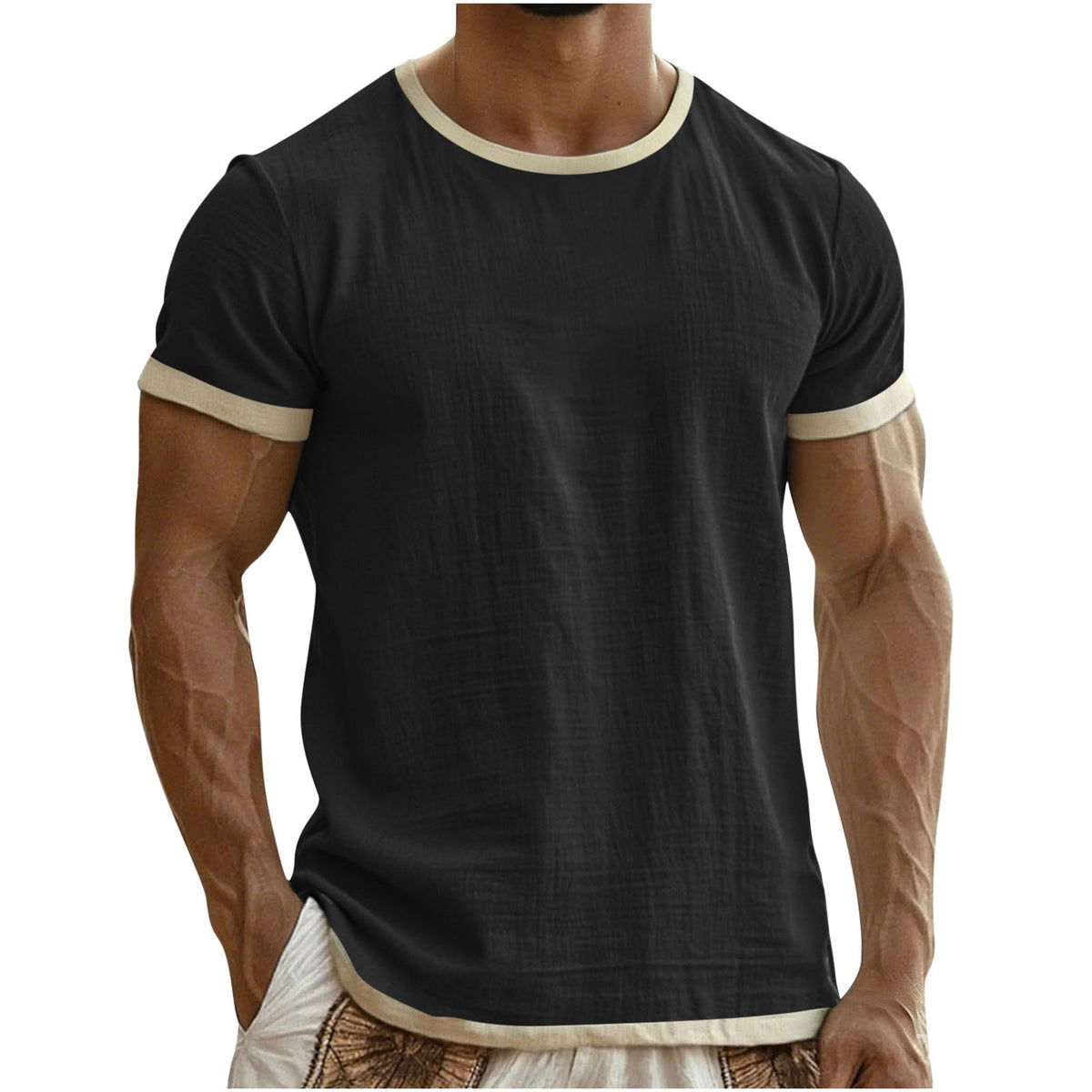 Emory | Mens Cotton Linen Short Sleeve Round Neck T Shirt - Black