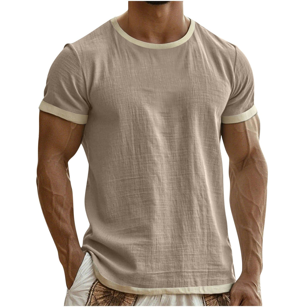 Emory | Mens Cotton Linen Short Sleeve Round Neck T Shirt - Khaki