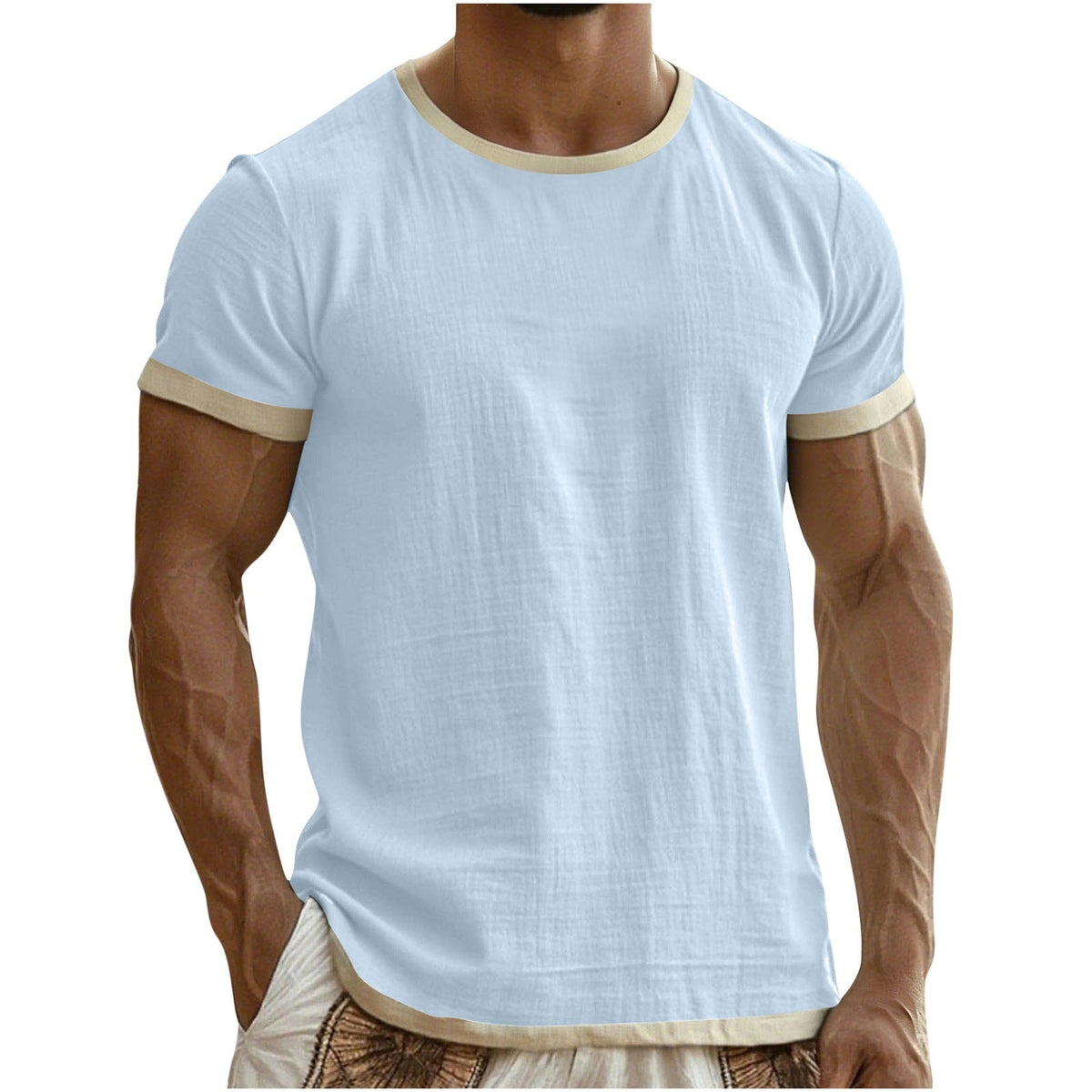 Emory | Mens Cotton Linen Short Sleeve Round Neck T Shirt - Light Blue