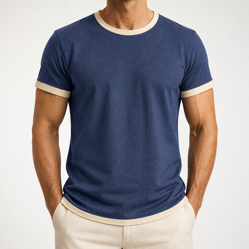 Emory | Mens Cotton Linen Short Sleeve Round Neck T Shirt, Navy