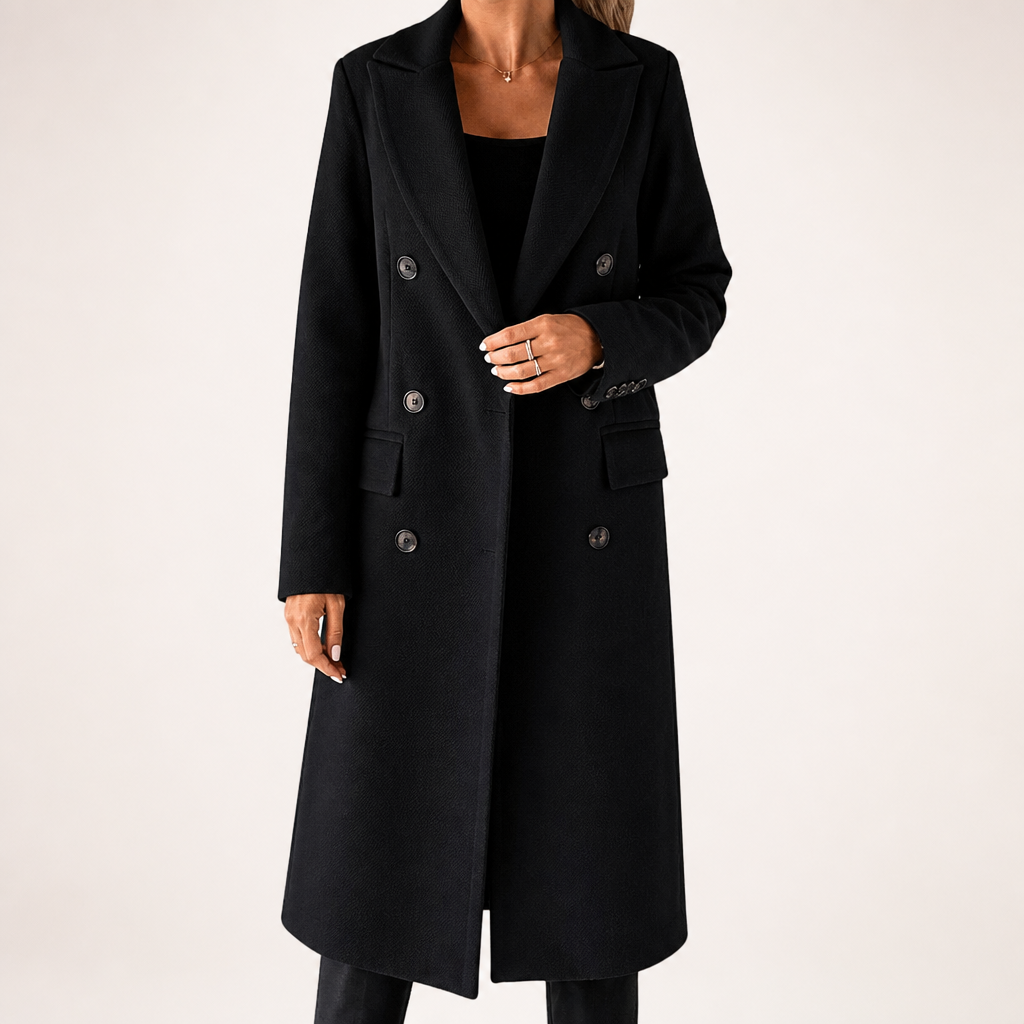 Estelle | Womens Wool Coat Double Breasted Winter Longline Outerwear, Black