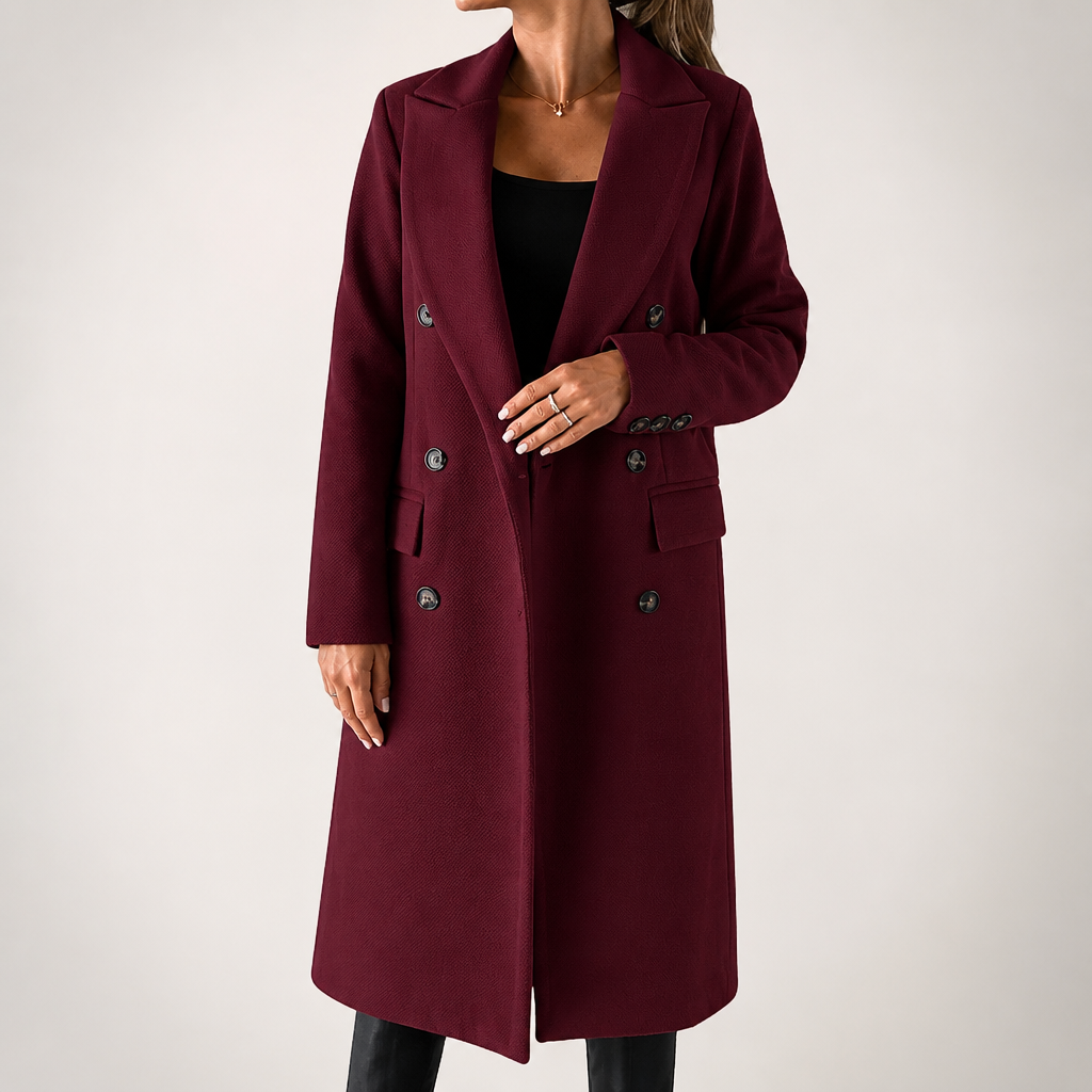 Estelle | Womens Wool Coat Double Breasted Winter Longline Outerwear, Wine Red