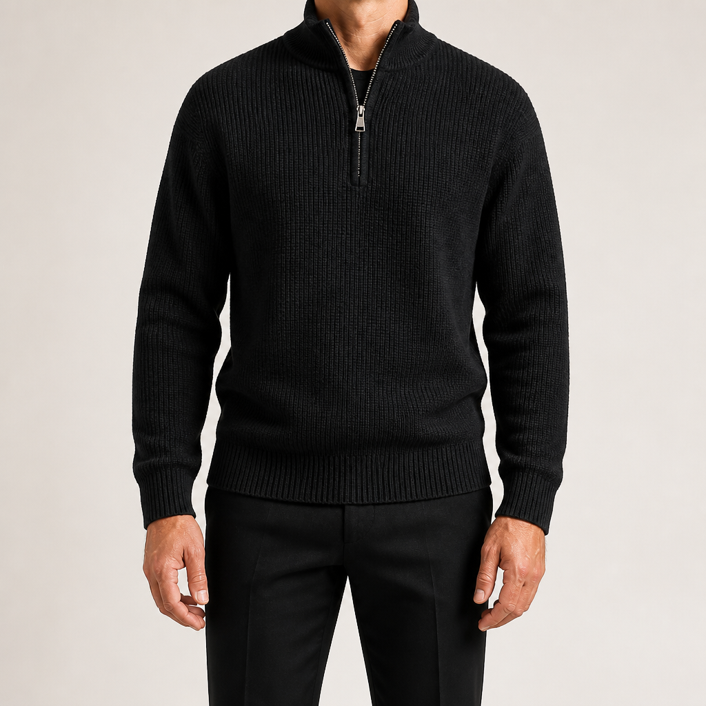 Evander | Mens Knitted Wool Half Zip Long Sleeve Jumper, Black