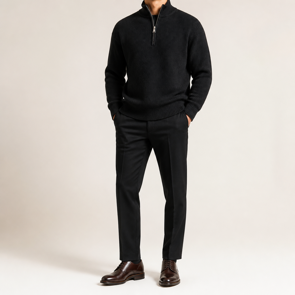 Evander | Mens Knitted Wool Half Zip Long Sleeve Jumper, Black