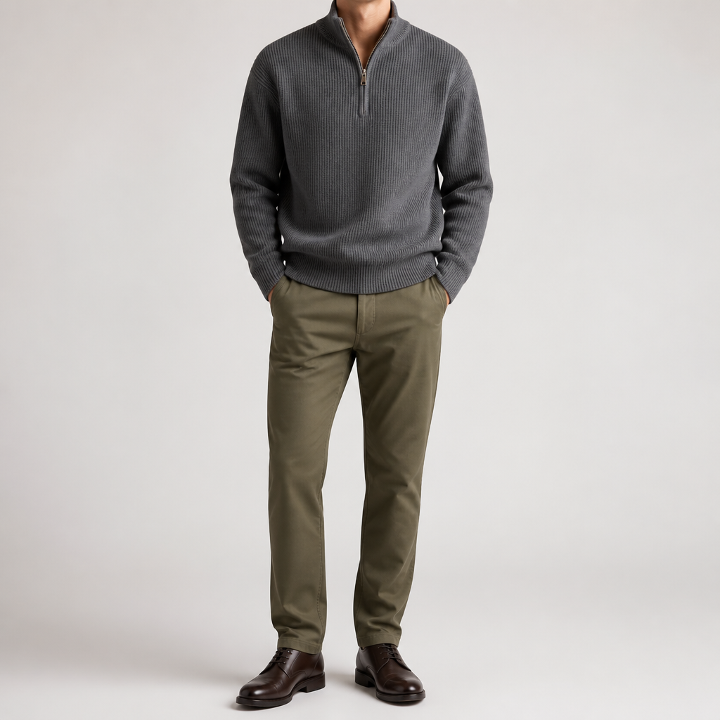 Evander | Mens Knitted Wool Half Zip Long Sleeve Jumper, Grey