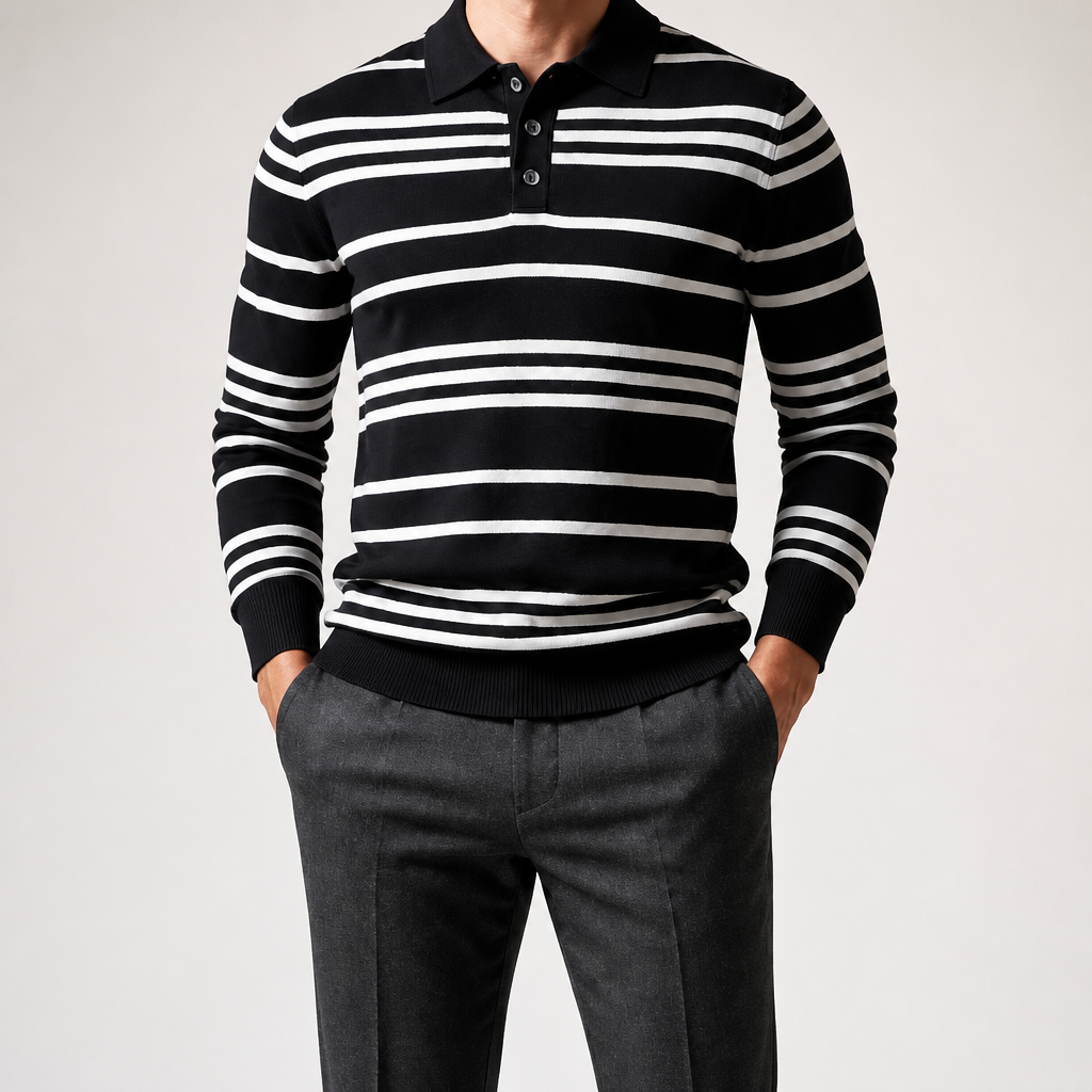 Everett | Mens Striped Polo Knitted Jumper, Black