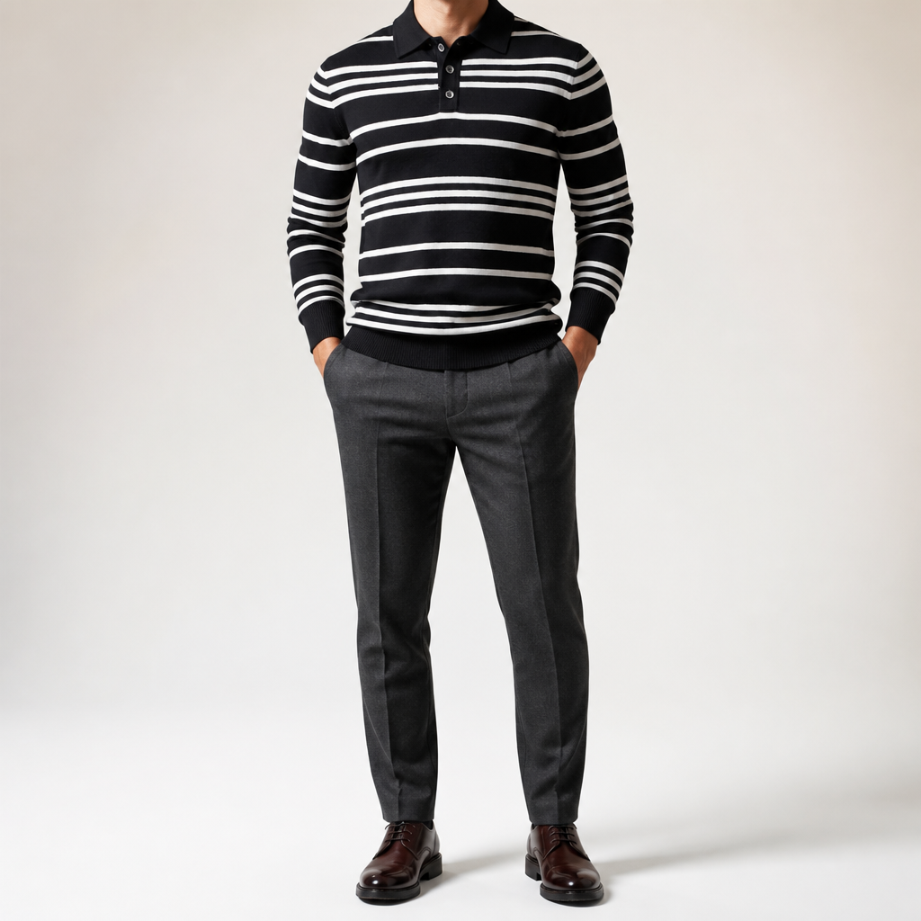 Everett | Mens Striped Polo Knitted Jumper, Black