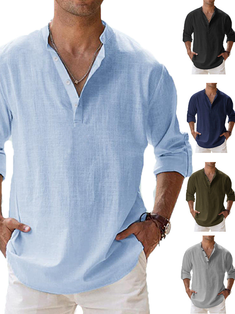 Faye | Mens Cotton Linen Long Sleeve Stand Collar Shirt - 5