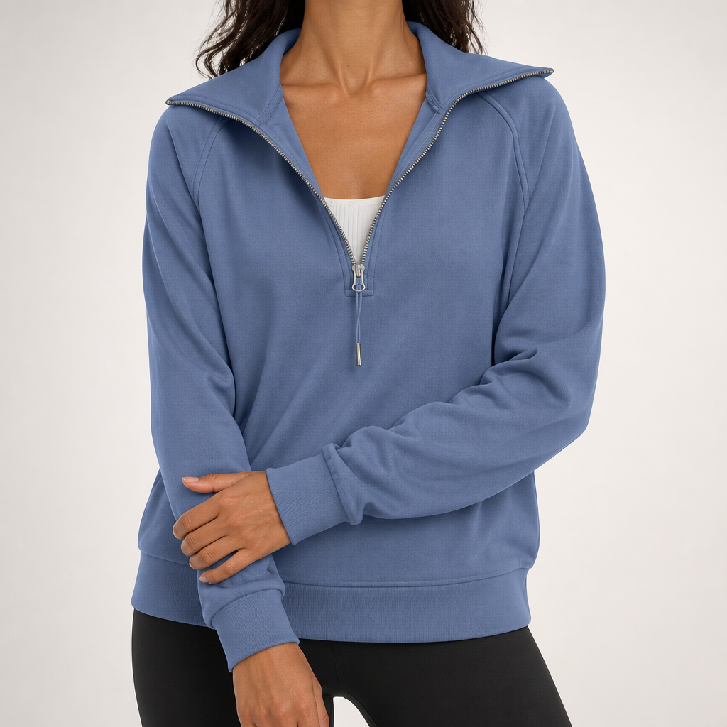 Fenella | Womens Yoga Top Long Sleeve Half Zip Stand Collar Running Fitness Top, Blue