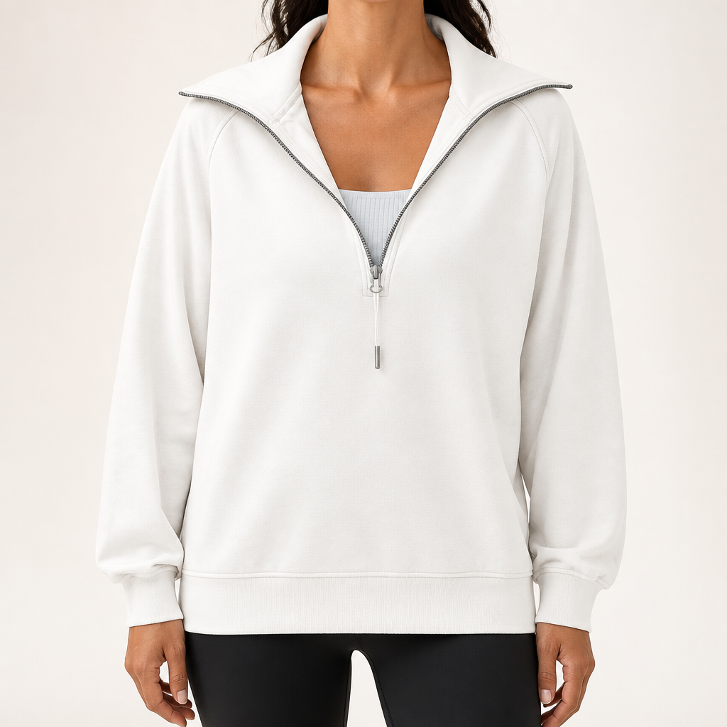 Fenella | Womens Yoga Top Long Sleeve Half Zip Stand Collar Running Fitness Top, White