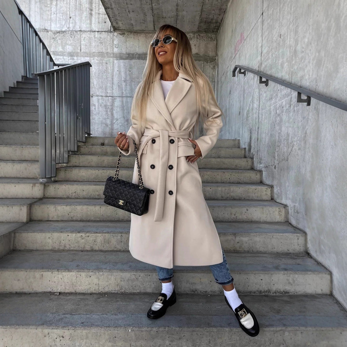 Fern | Womens Longline Lapel Winter Coat, Apricot