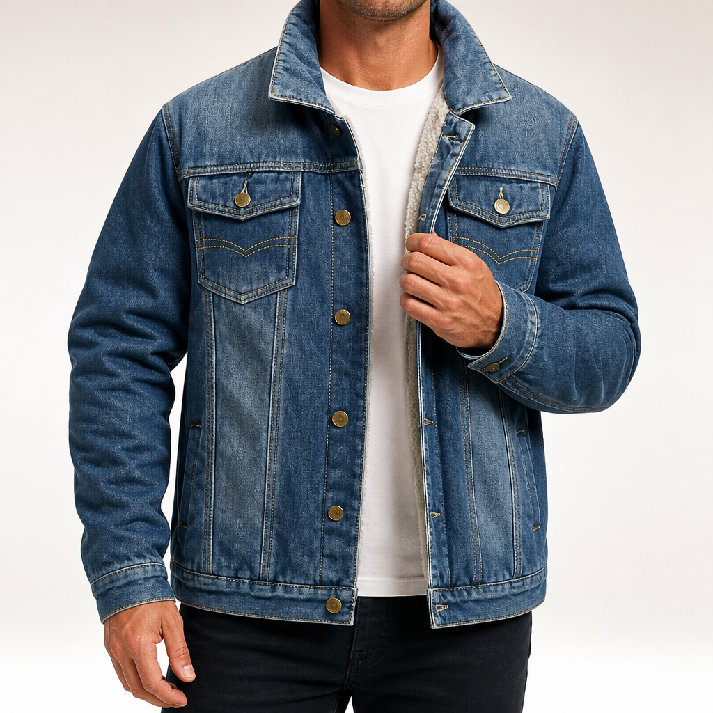 Ferris | Mens Denim Jacket Fleece Lined Warm Winter Trucker Jacket, Dark Blue