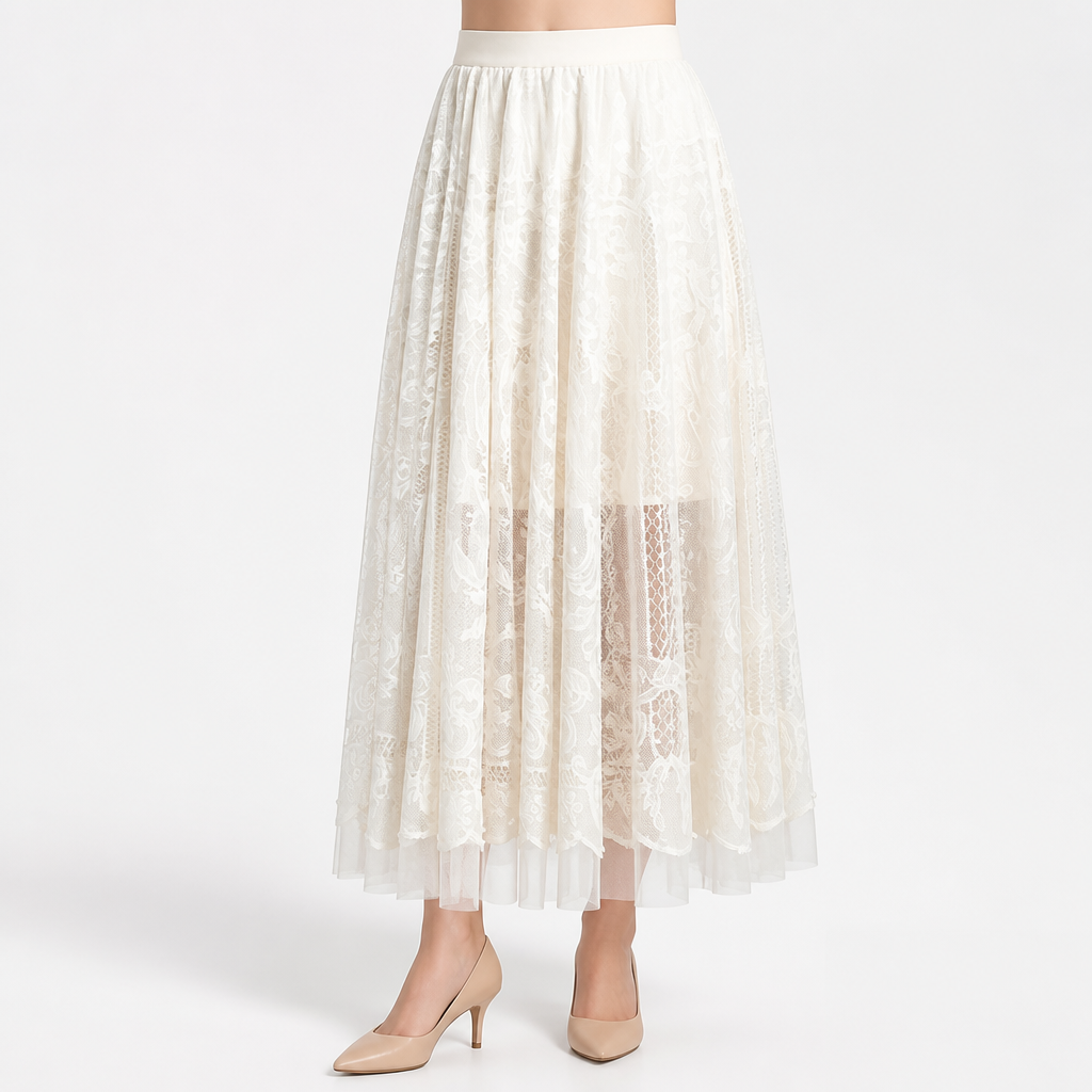 Finnian | Womens Maxi Skirt A Line High Waisted Beaded Tulle Long Skirt, Apricot
