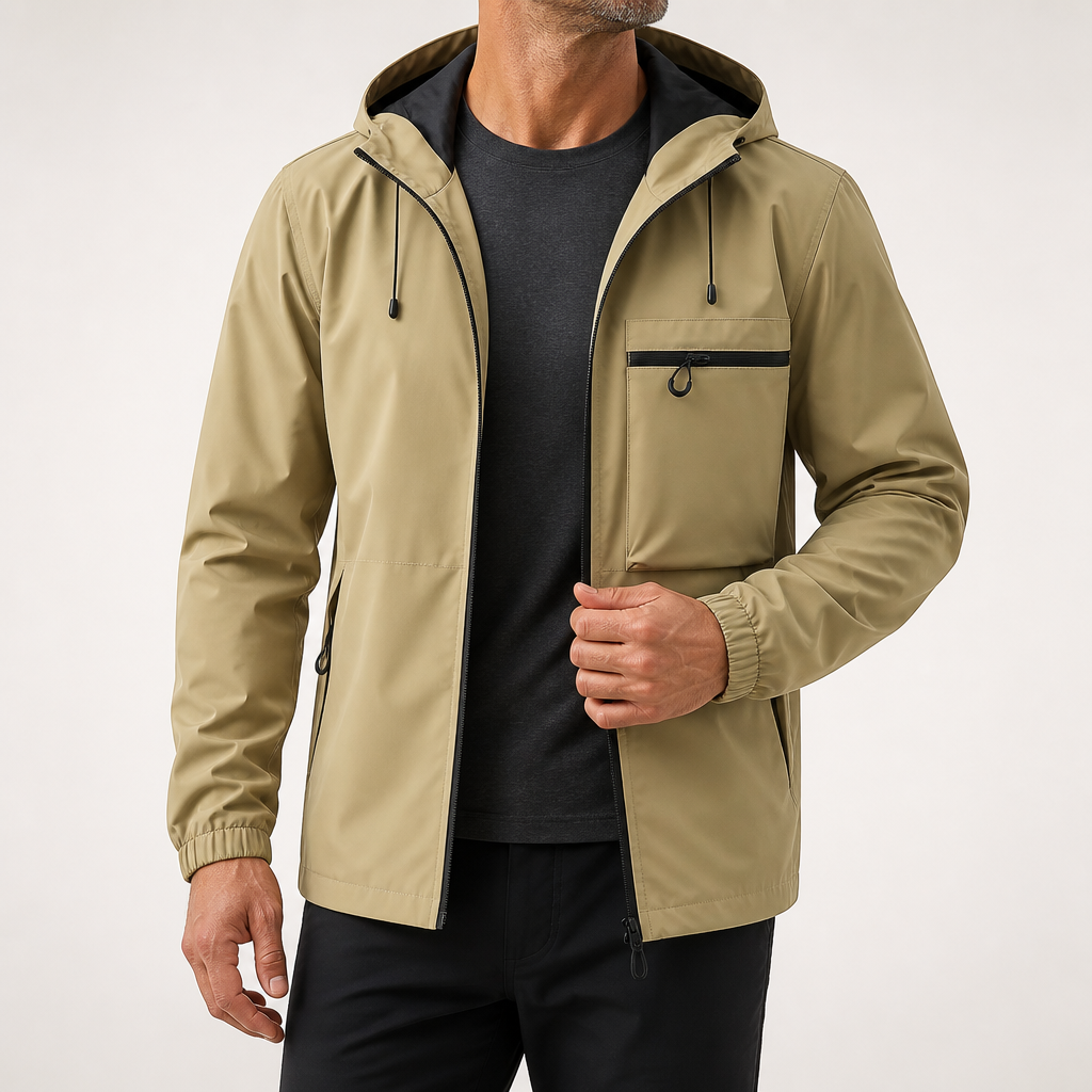 Fletcher | Mens Hooded Utility Workwear Windbreaker Autumn Jacket, Khaki