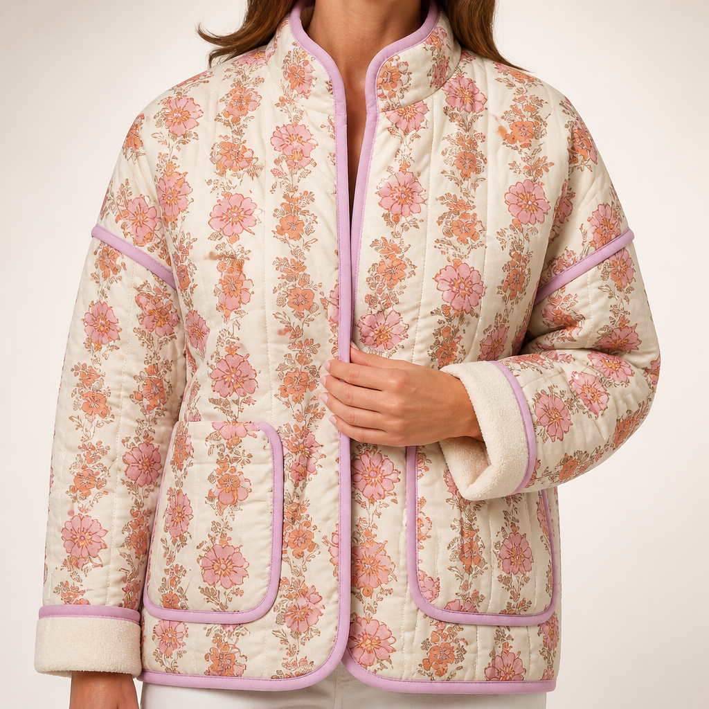 Fleur | Womens Padded Jacket Printed Cotton Lightweight Warm Jacket, Pink