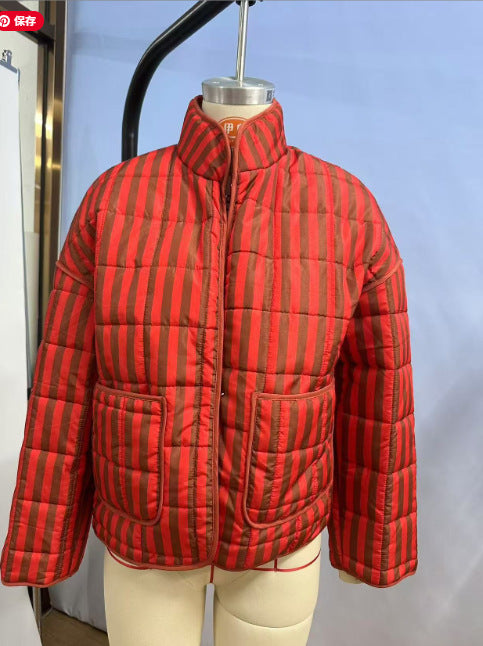 Fleur | Womens Printed Padded Cotton Lightweight Jacket - Reddish Brown Stripes