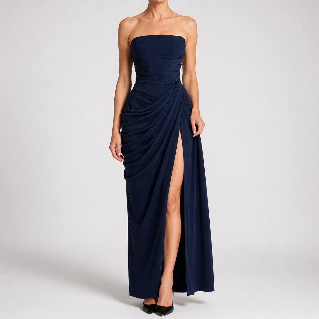 Freya | Womens Strapless Pleated Slit Maxi Wedding Guest Black Tie Summer Dresses, Dark Blue
