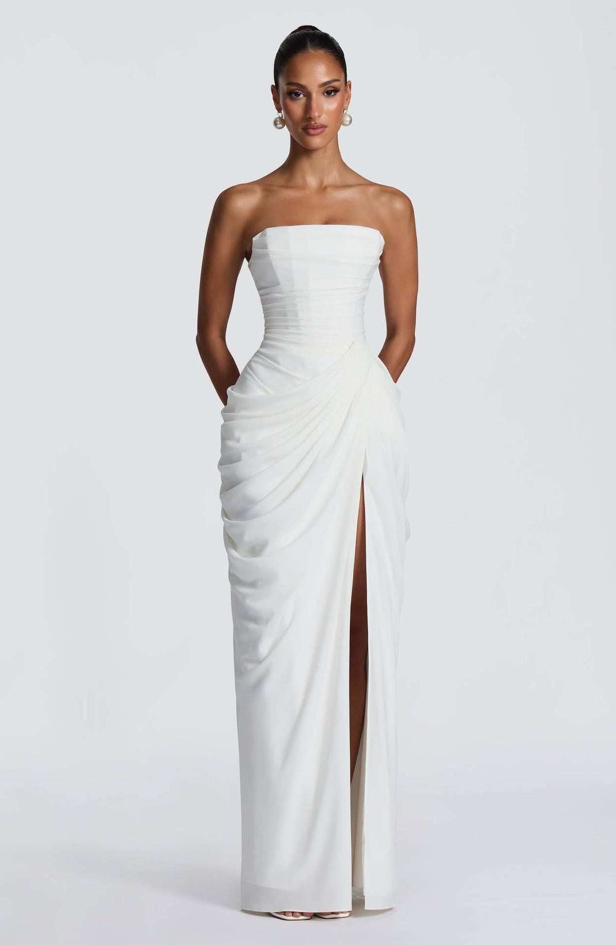 Freya | Womens Strapless Pleated Slit Maxi Wedding Guest Black Tie Summer Dresses - White