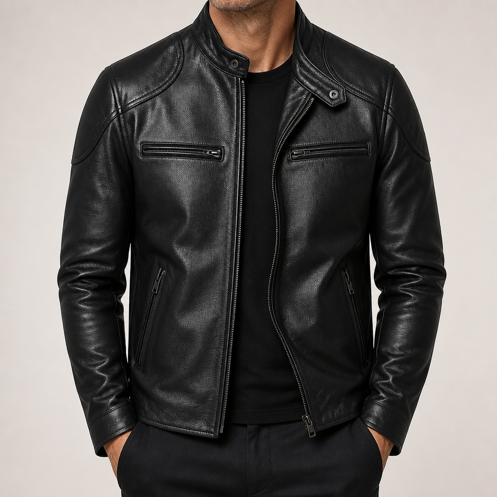 Garrick | Mens Leather Jacket Stand Collar Motorcycle Biker Jacket, Black