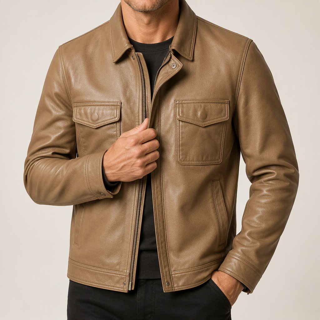 Garrick | Mens Leather Jacket Stand Collar Motorcycle Biker Jacket, Khaki 3