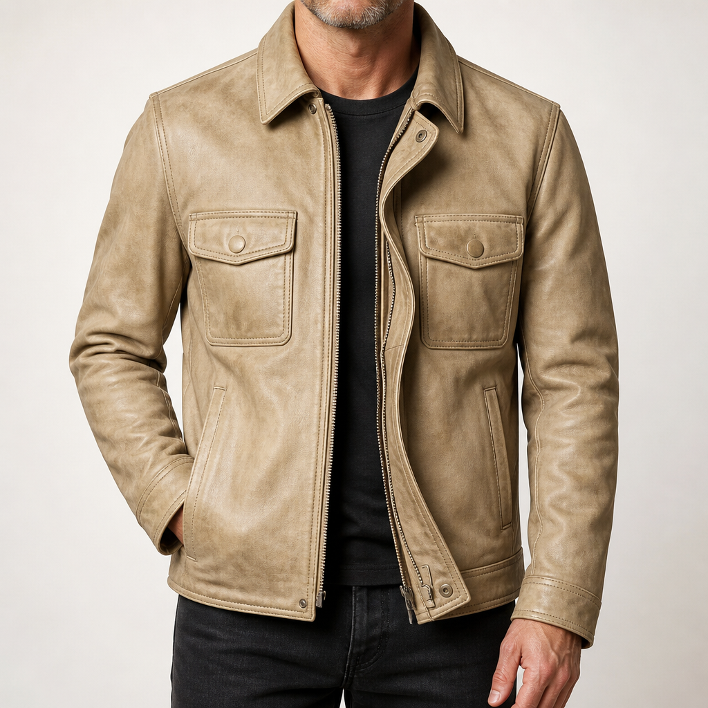 Garrick | Mens Leather Jacket Stand Collar Motorcycle Biker Jacket, Khaki 4