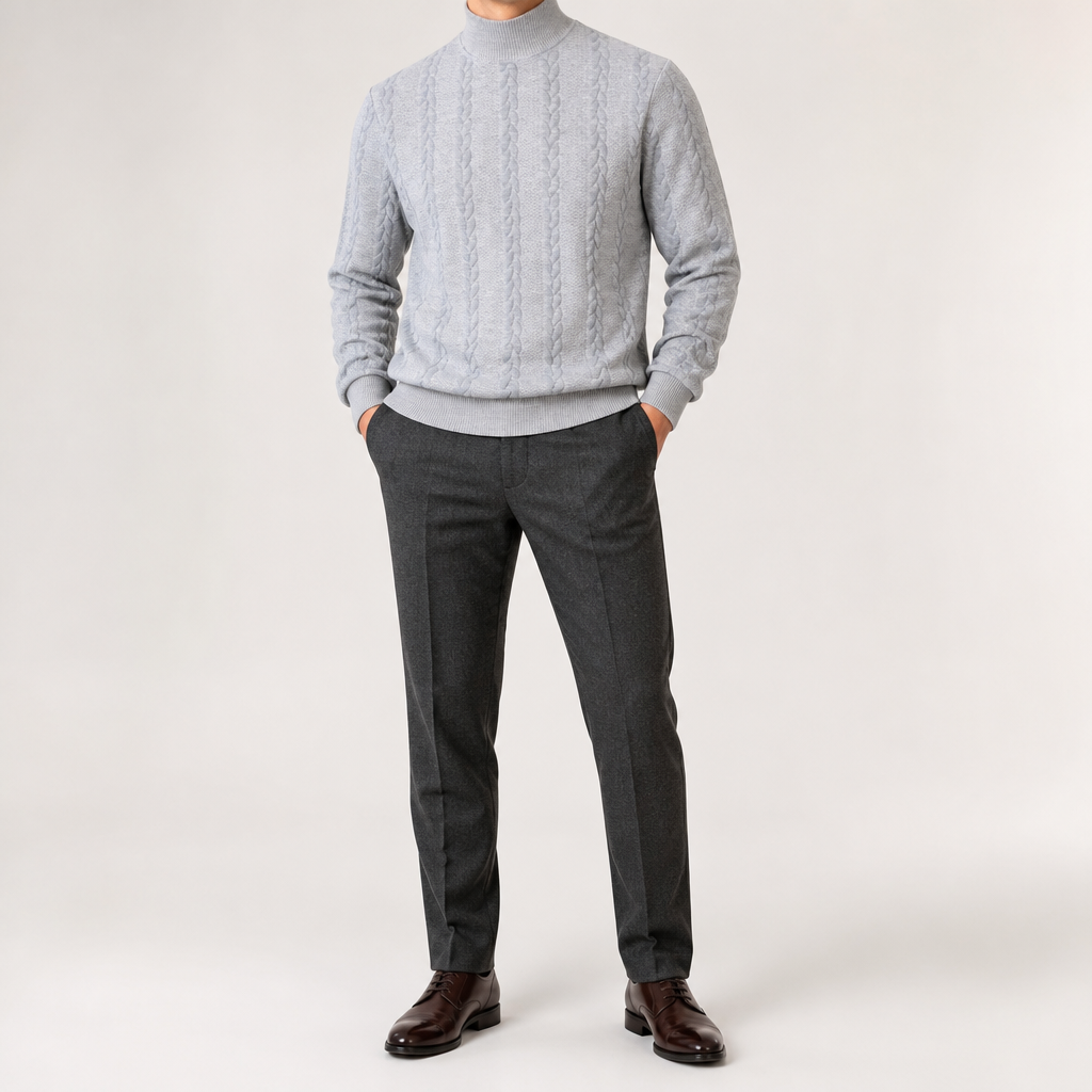 Garrick | Mens Knitted Warm High Neck Jumper Winter Sweater, Grey